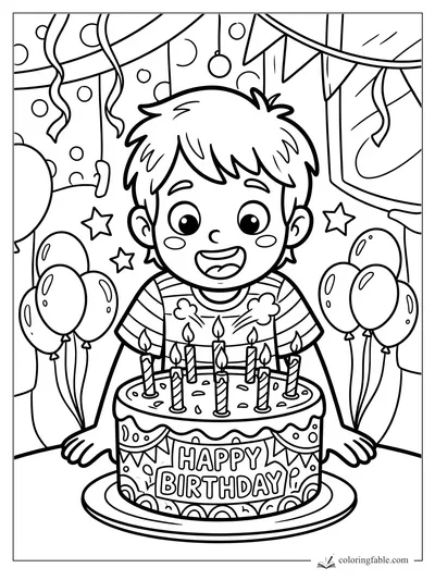 Cartoon boy smiling at a birthday cake with candles, balloons, streamers, stars, and a Happy Birthday sign.
