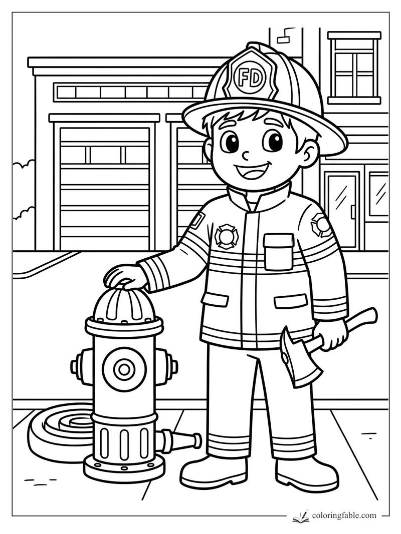 Smiling boy firefighter with FD helmet, axe, hose, and hydrant outside a fire station.