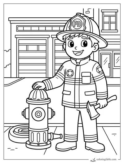 Smiling boy firefighter with FD helmet, axe, hose, and hydrant outside a fire station.