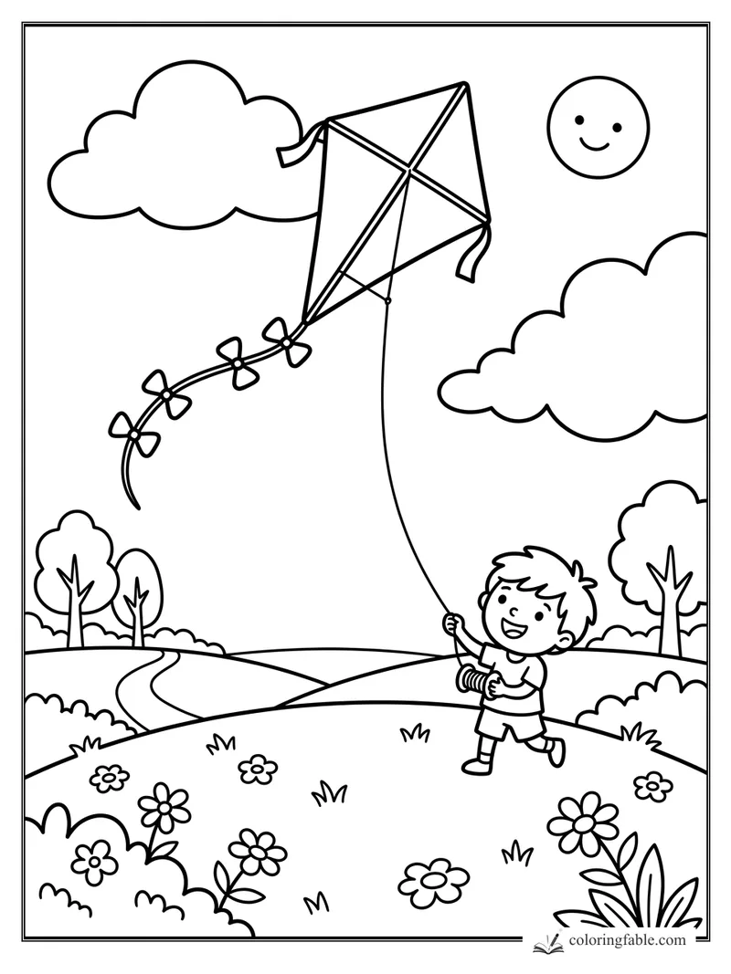 Cartoon boy flying a diamond kite with bow tails in a sunny meadow with clouds, trees, and flowers.