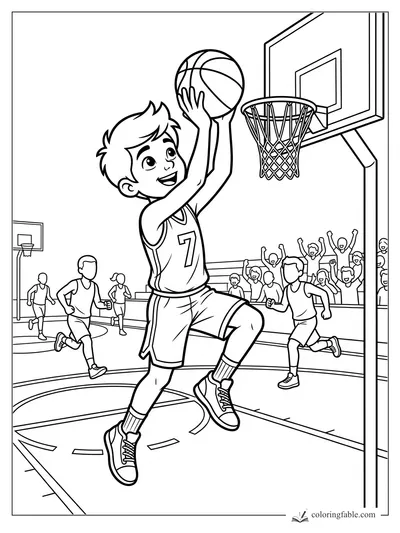 Cartoon boy in jersey 7 jumping for a basketball layup as teammates and fans cheer in a gym.