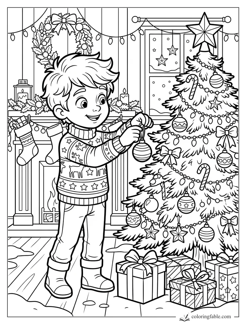 Cartoon boy hanging a striped ornament on a Christmas tree by a fireplace with stockings and lights.