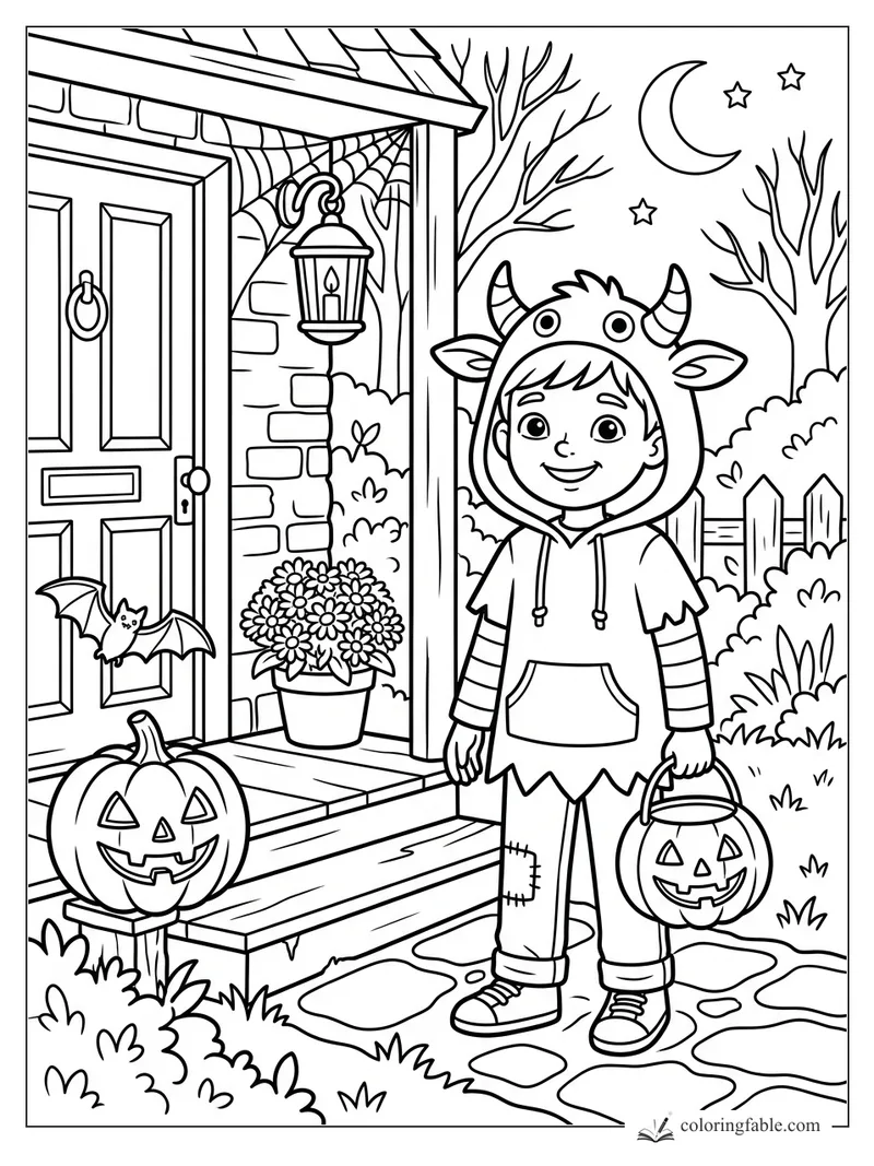 Boy in horned monster hoodie holding pumpkin bucket by a porch with jack-o-lantern, bat, moon and stars