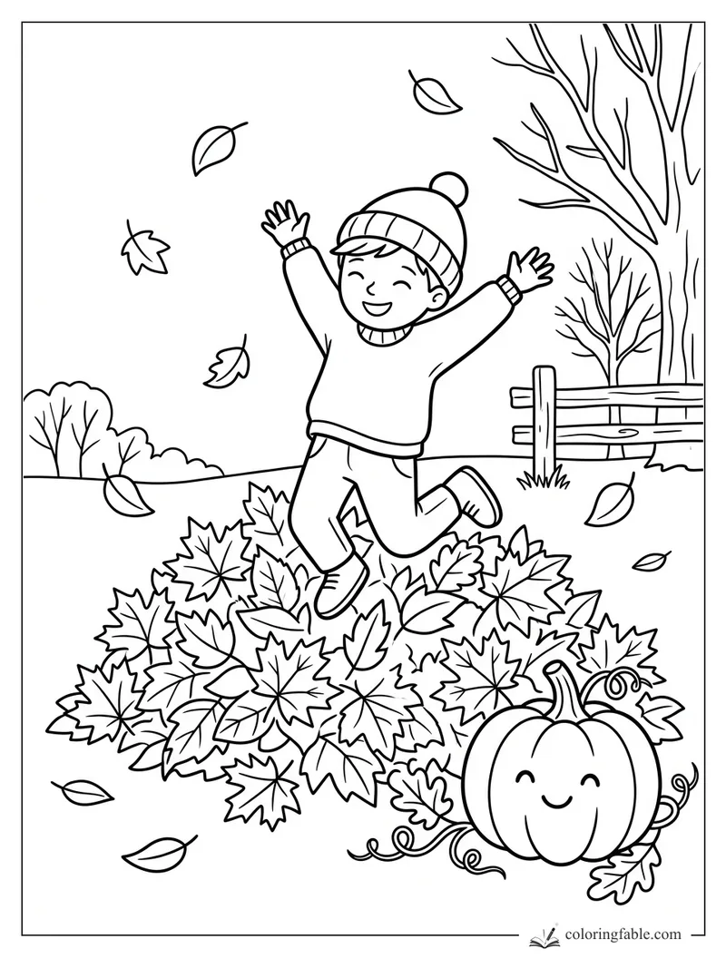 Boy in a pom-pom hat jumping into a leaf pile beside a smiling pumpkin and bare trees.