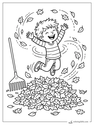 Cartoon boy jumping into a fall leaf pile with a rake and swirling autumn leaves