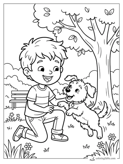 Cartoon boy kneeling by a happy puppy under a leafy tree with a bench, flowers, and grass.