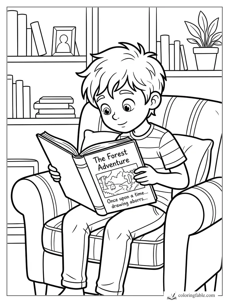 Boy reading The Forest Adventure in a striped armchair with bookshelves and a potted plant behind him.