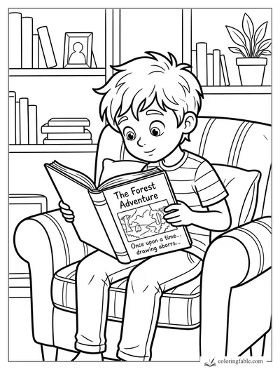 Boy reading The Forest Adventure in a striped armchair with bookshelves and a potted plant behind him.