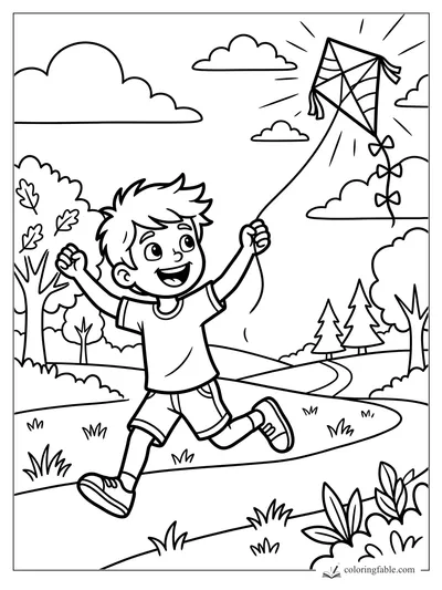 Smiling boy runs through a park holding a diamond kite with bows on its tail.
