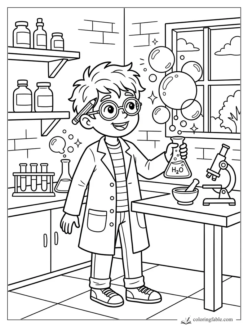 Boy scientist in glasses holds an H2O beaker as bubbles float near a lab window and microscope.