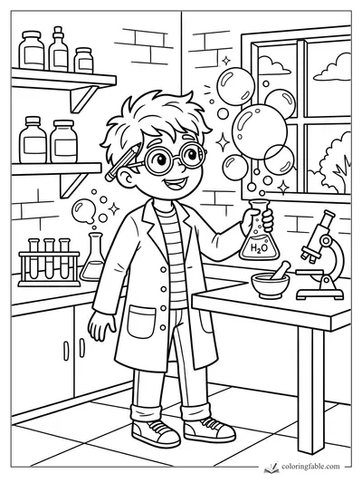 Boy scientist in glasses holds an H2O beaker as bubbles float near a lab window and microscope.