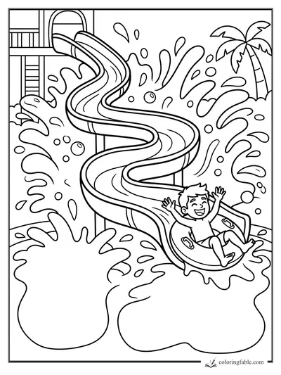Cartoon boy riding an inner tube down a twisting water slide with splashes and a palm tree