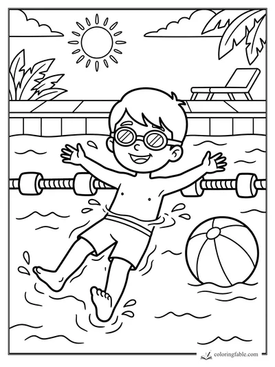 Boy in swim goggles splashing in a pool with a beach ball, float lane, sun, palm leaves, and lounge chair.