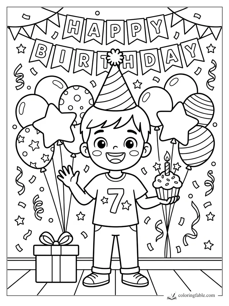 Cartoon boy wearing a party hat holds a cupcake under Happy Birthday banners and balloons.