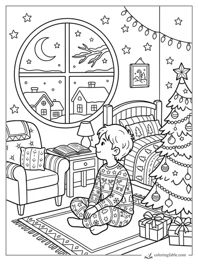 Boy in Christmas pajamas by a decorated tree, gifts, bed, chair, and snowy moonlit window.