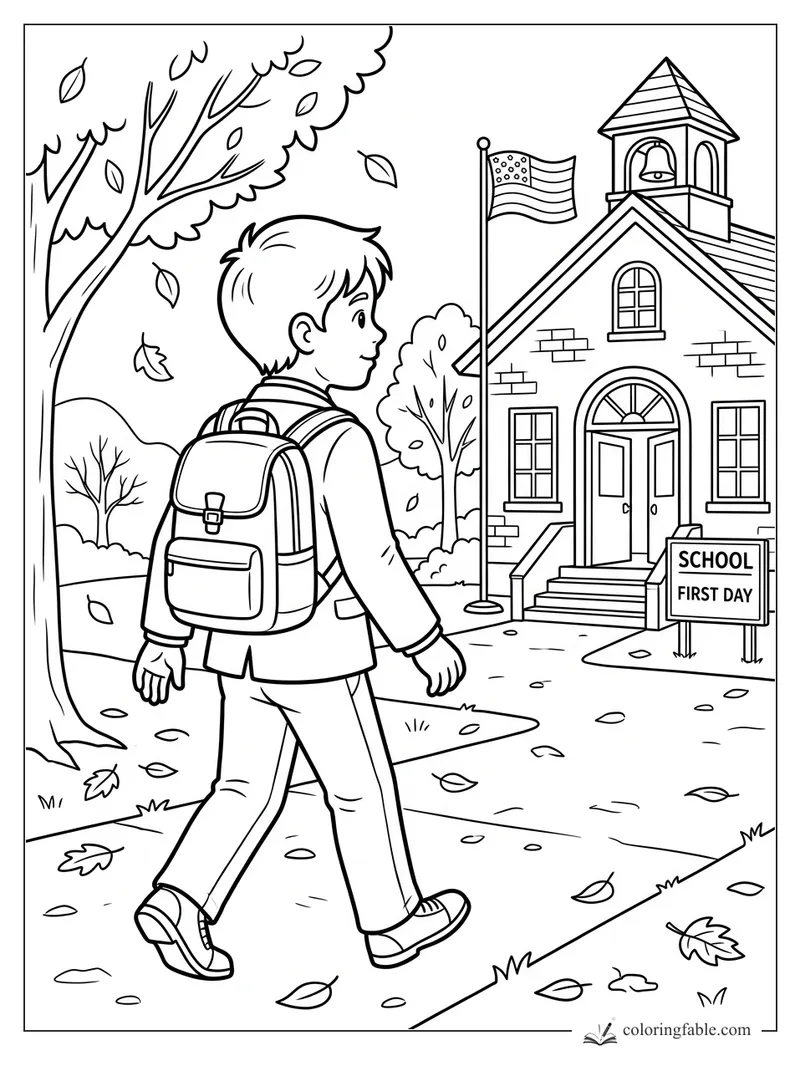 Boy with backpack walking toward school, flag, bell tower, open doors, and falling leaves on the first day.