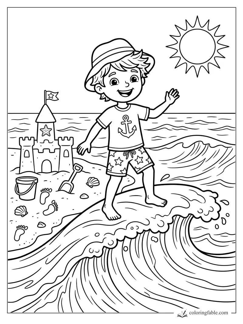 Smiling boy in sun hat waves while standing on a curling ocean wave beside a sandcastle.