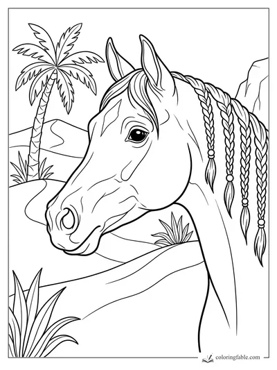 Realistic horse with braided mane beside a palm tree, desert hills, rocks, and spiky plants coloring page