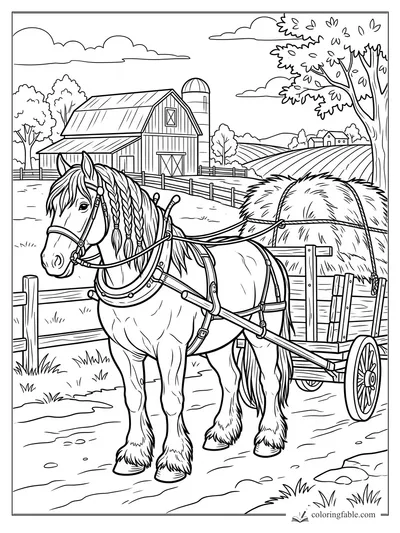 Braided draft horse in harness pulling a wooden hay cart beside a barn, silo, fences, fields, and tree.