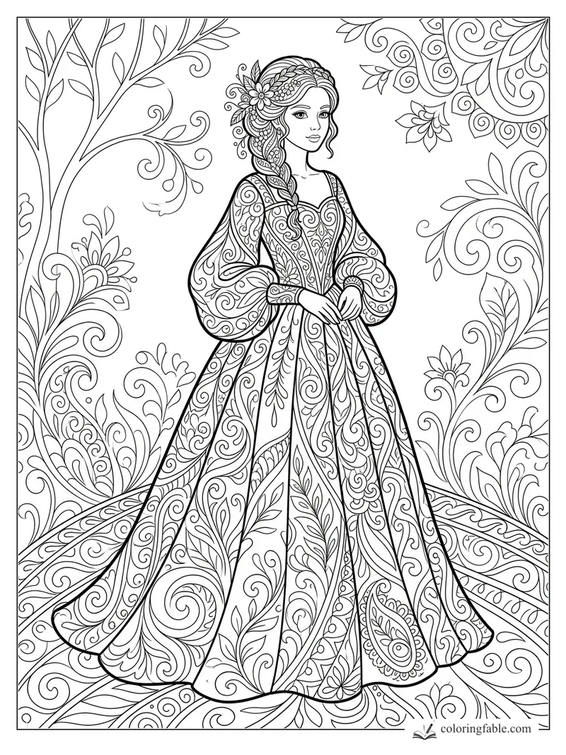 Intricate zentangle girl with braided hair, flower headpiece, ornate gown, vines, leaves, and swirling borders.