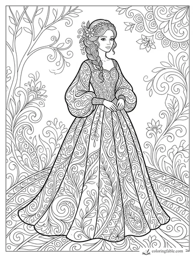 Intricate zentangle girl with braided hair, flower headpiece, ornate gown, vines, leaves, and swirling borders.
