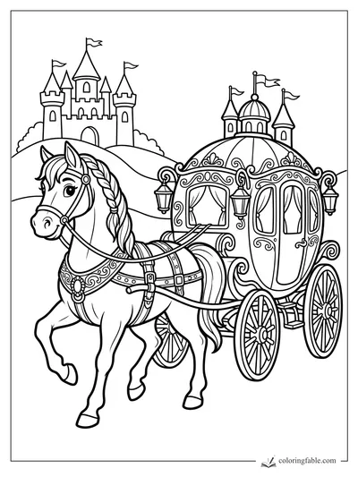 Cartoon horse with braided mane pulling an ornate carriage past two castles