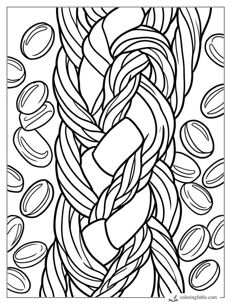 Braided licorice ropes twist through scattered oval candy coins in a medium-detail coloring page.