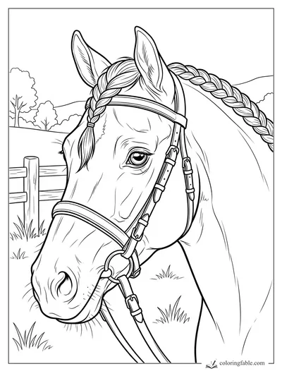 Realistic pony with braided mane, bridle, pasture fence, trees, and rolling hills coloring page