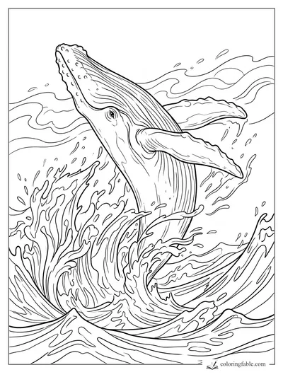 Realistic humpback whale breaching through curling ocean waves with raised flippers and spray