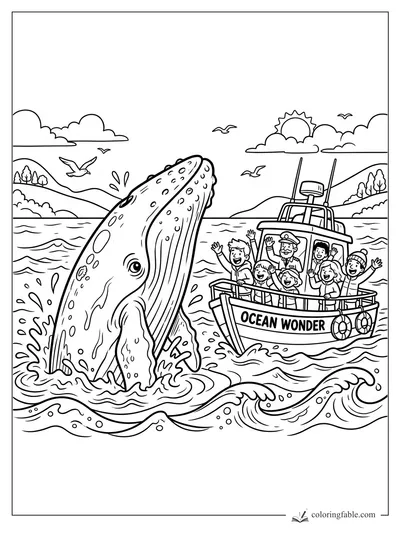 Cartoon humpback whale breaching near the Ocean Wonder tour boat with waving passengers, waves, gulls, and hills.