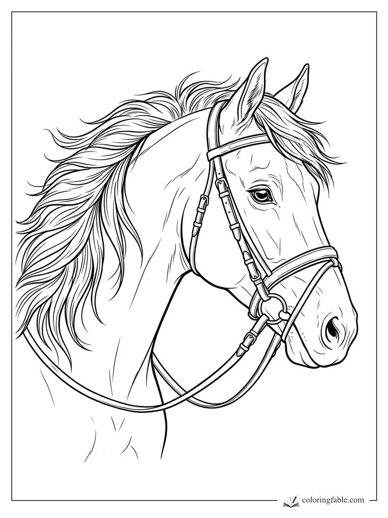 Realistic horse head with bridle, alert ears, detailed eye, and long wind-swept mane to color
