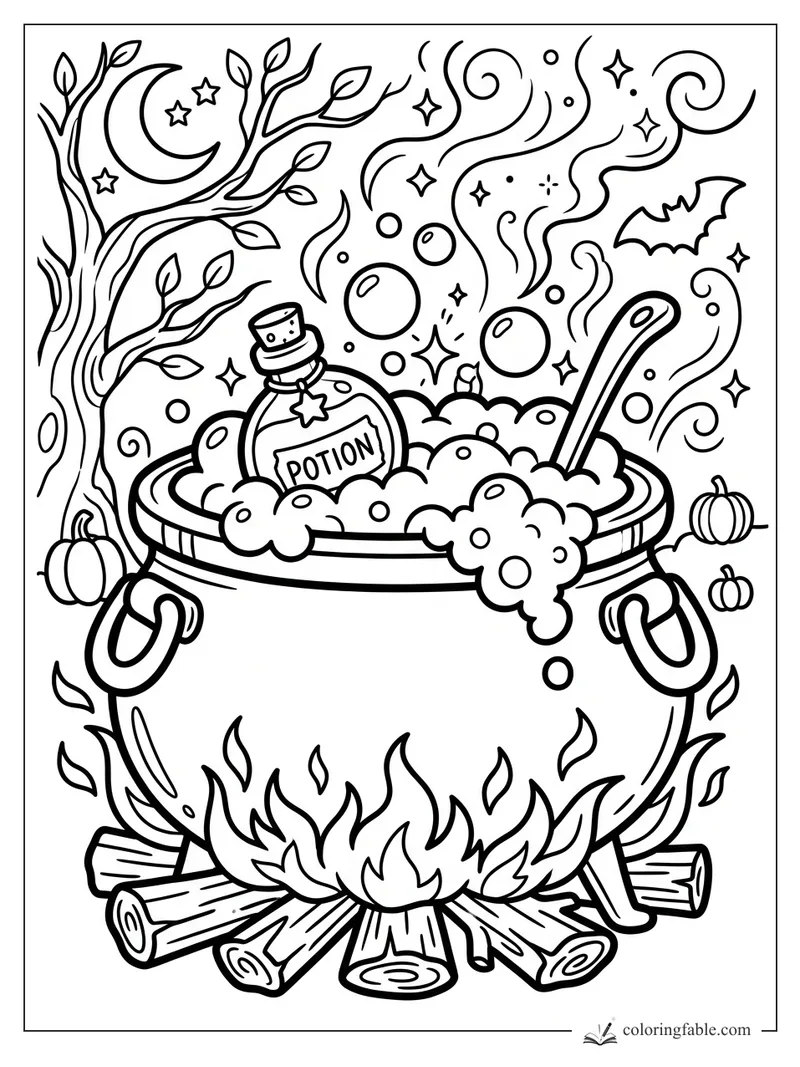 Halloween cauldron bubbling over a fire with potion bottle, spoon, bat, pumpkins, moon, stars, and twisted tree.