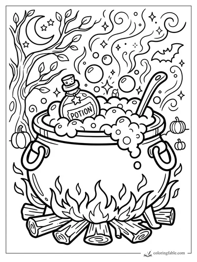 Halloween cauldron bubbling over a fire with potion bottle, spoon, bat, pumpkins, moon, stars, and twisted tree.
