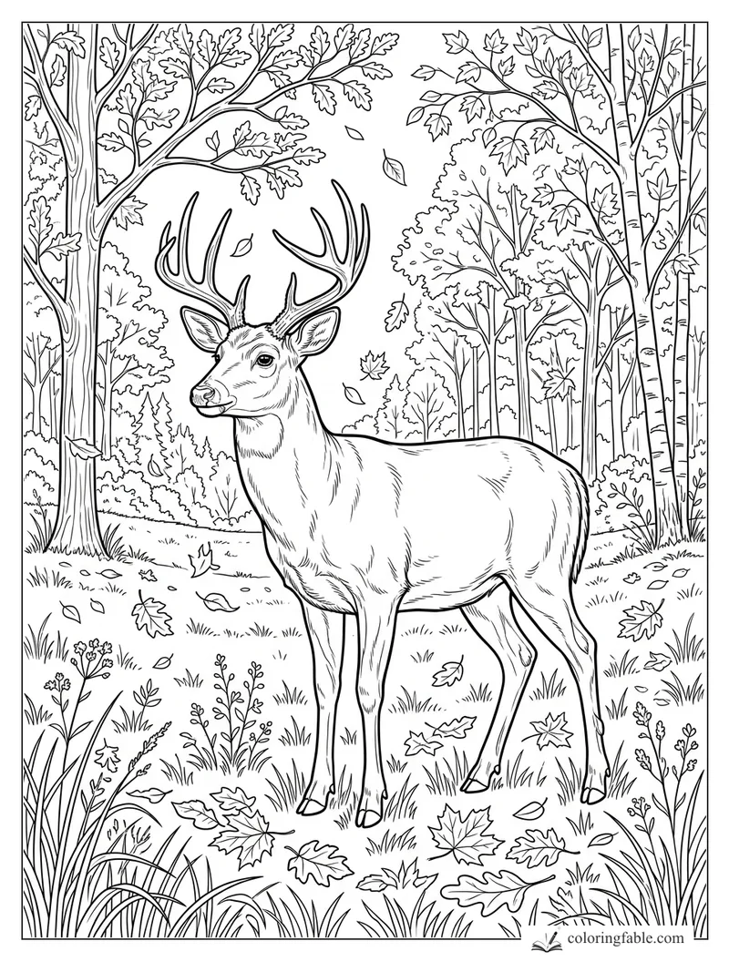 Realistic buck with tall antlers standing in a leafy autumn forest clearing