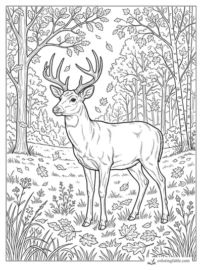 Realistic buck with tall antlers standing in a leafy autumn forest clearing