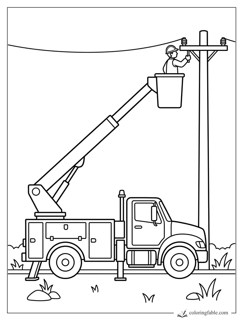Bucket truck with a worker in a hard hat fixing power lines on a utility pole