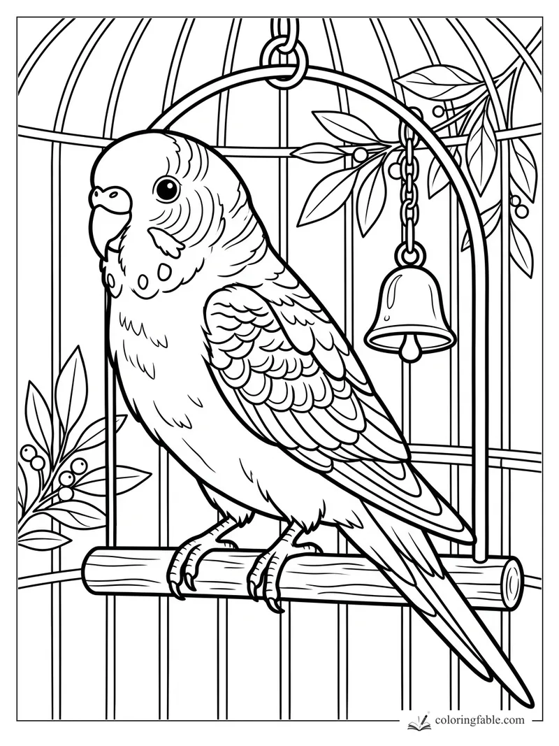 Budgie coloring page with a cage perch, hanging bell, leafy branches, and berry clusters