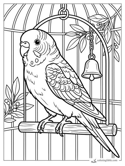 Budgie coloring page with a cage perch, hanging bell, leafy branches, and berry clusters