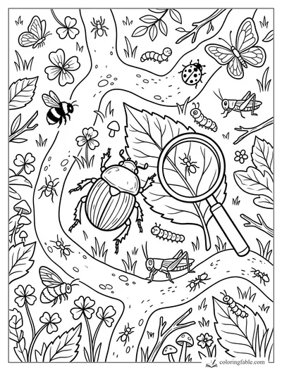 Bug coloring page with beetle, magnifying glass, butterflies, ants, caterpillars, grasshoppers, leaves, and flowers.