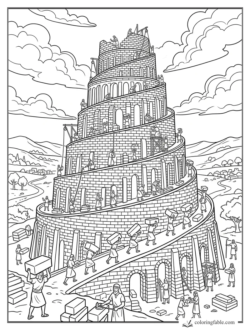 Tower of Babel coloring page with builders carrying bricks up a spiral ramp beneath swirling clouds