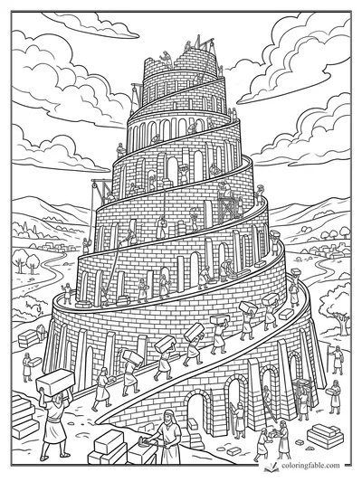 Tower of Babel coloring page with builders carrying bricks up a spiral ramp beneath swirling clouds