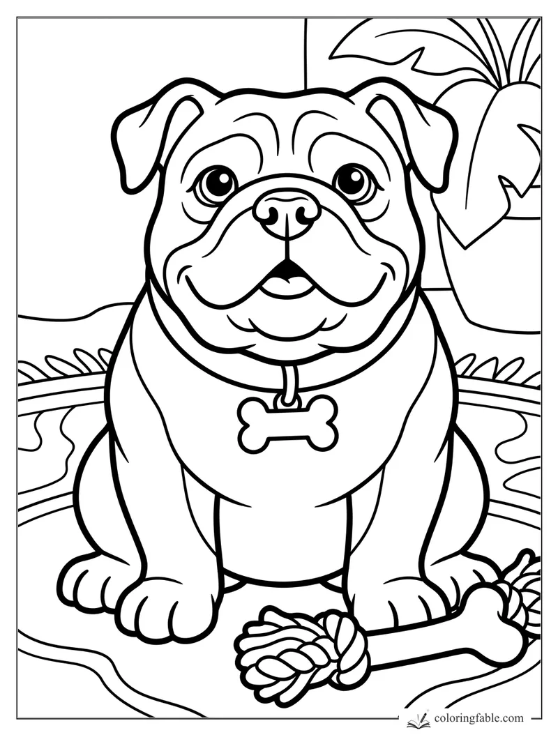 Easy bulldog puppy coloring page with a bone tag, rope toy, paw-print rug, and potted plant.