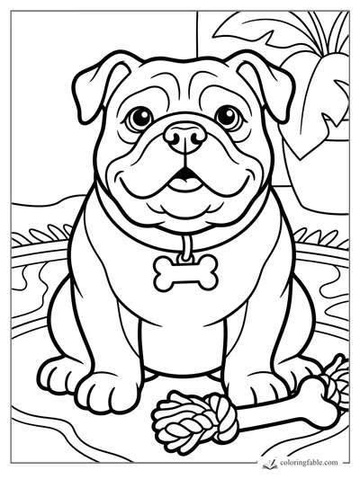 Easy bulldog puppy coloring page with a bone tag, rope toy, paw-print rug, and potted plant.