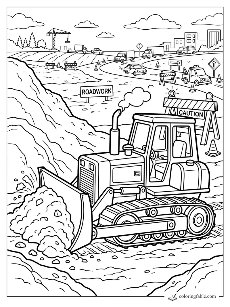 Cartoon bulldozer pushing dirt at a roadwork site with caution signs, cones, trucks, and a crane.