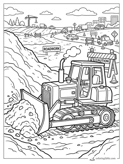 Cartoon bulldozer pushing dirt at a roadwork site with caution signs, cones, trucks, and a crane.