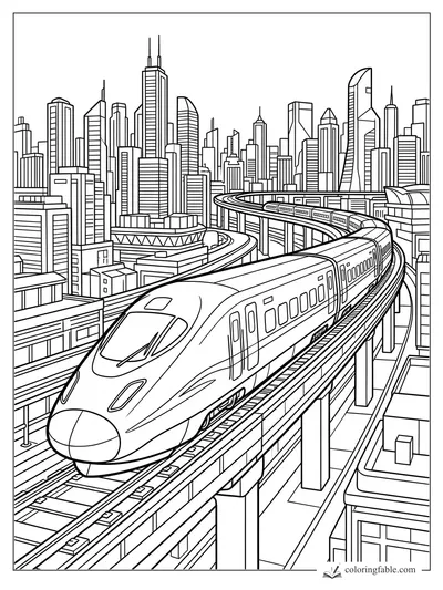 Realistic bullet train curving on elevated tracks through a dense city skyline