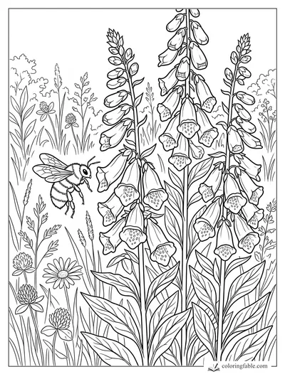 Realistic foxglove flowers with a bumblebee hovering among meadow grasses and clover blossoms.