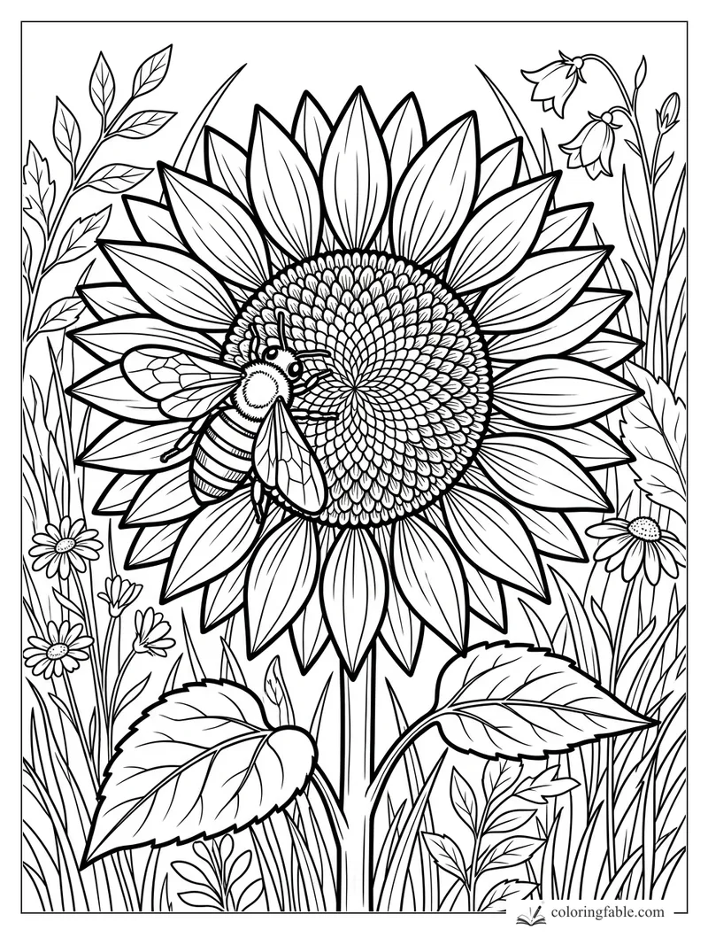 Bumblebee resting on a giant sunflower with daisies, tall grasses, leaves, and bell-shaped wildflowers.