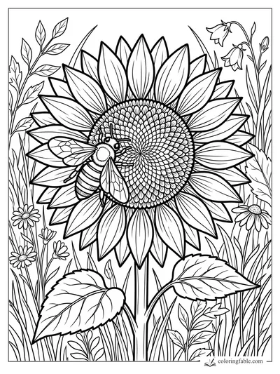 Bumblebee resting on a giant sunflower with daisies, tall grasses, leaves, and bell-shaped wildflowers.
