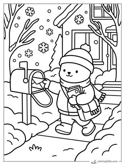 Cute bear in hat and scarf puts an envelope in a snowy mailbox outside a house.